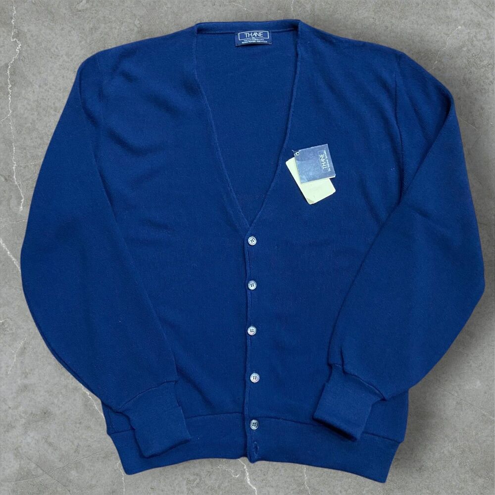 Thane NWT Vintage 80s Casual Acrylic Navy Blue Cardigan Sweater Men's Size XL